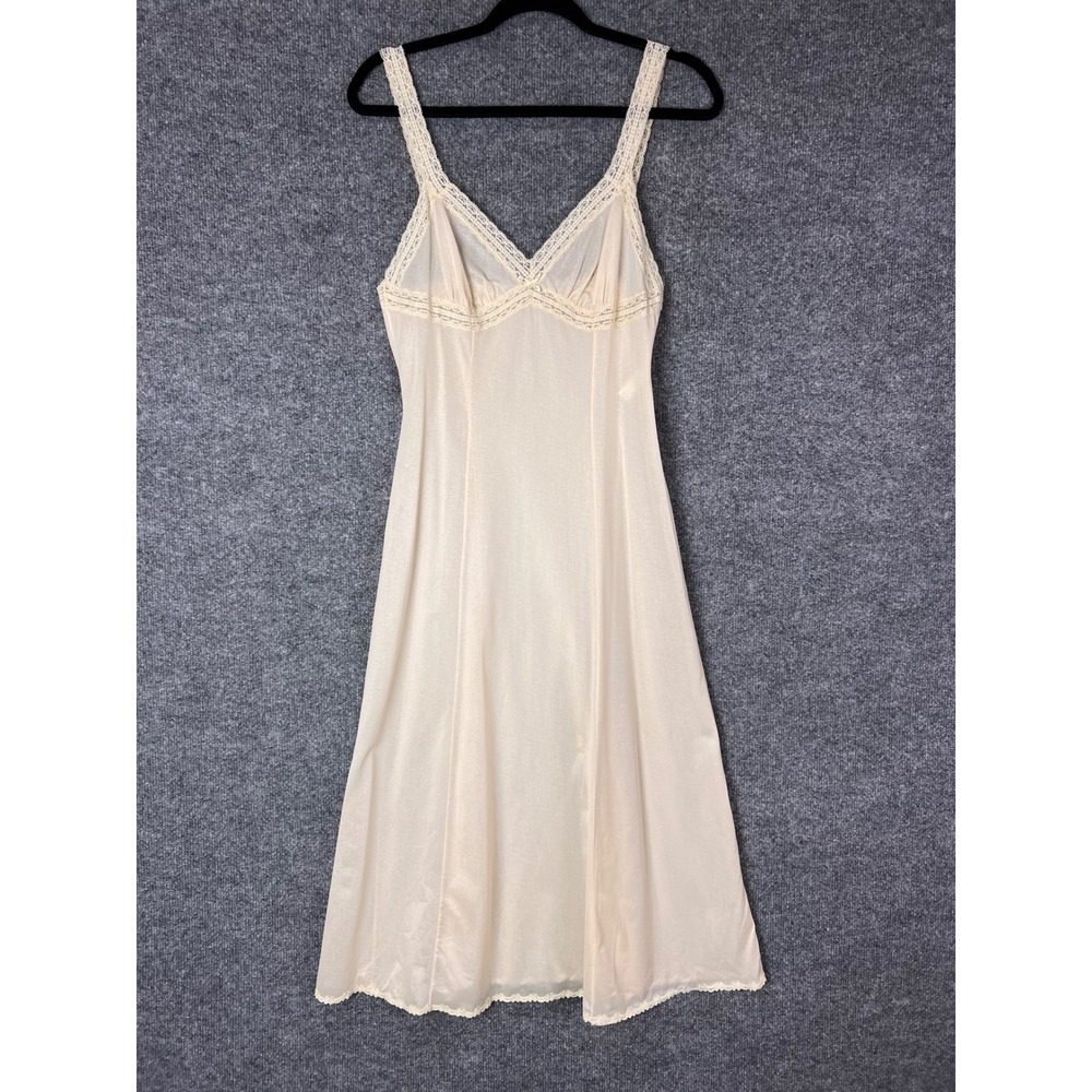 Vintage Olga Slip Dress Womens Size 34 Beige Lace Trim V-Neck S